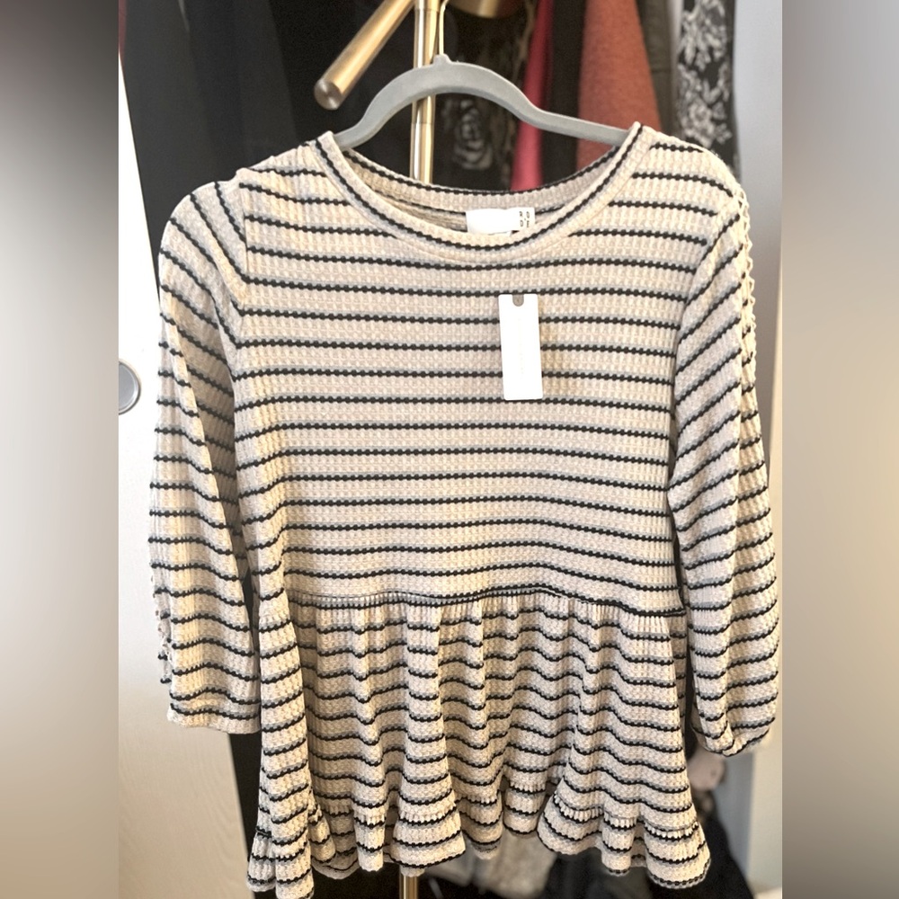 Anthropologie Cream Striped Waffle Knit Top